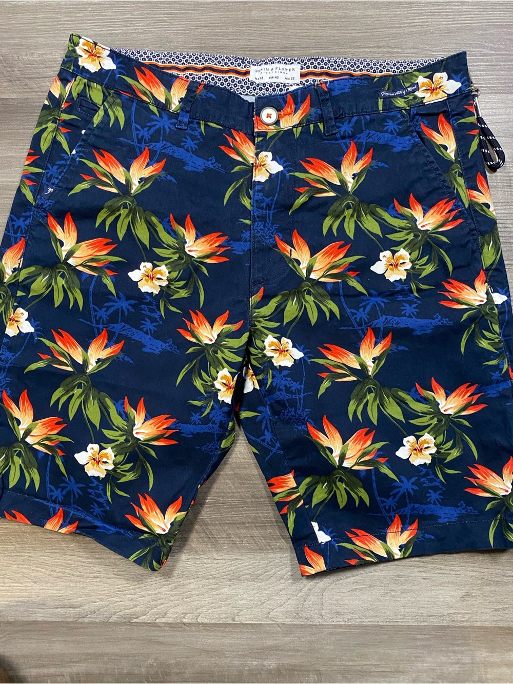 Denim & Flower Navy Floral Print Men's Shorts with Orange Blooms